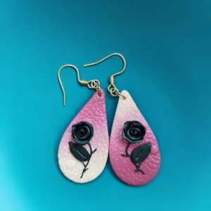 Wine red gradient dangle earring with black rose